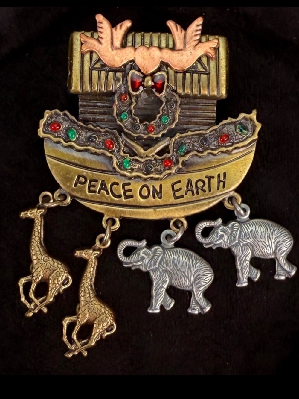 Peace on earth, multi metal tone, vintage, brooch, pin, giraffe, dove, elephant